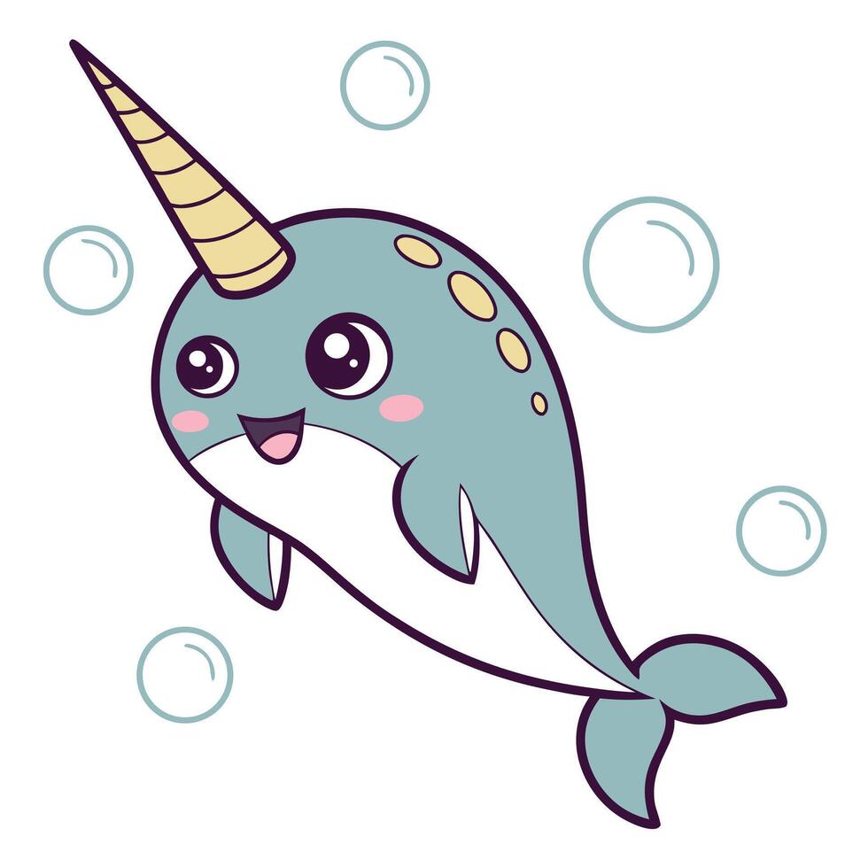 Cute narwhal with unicorn horn illustration vector