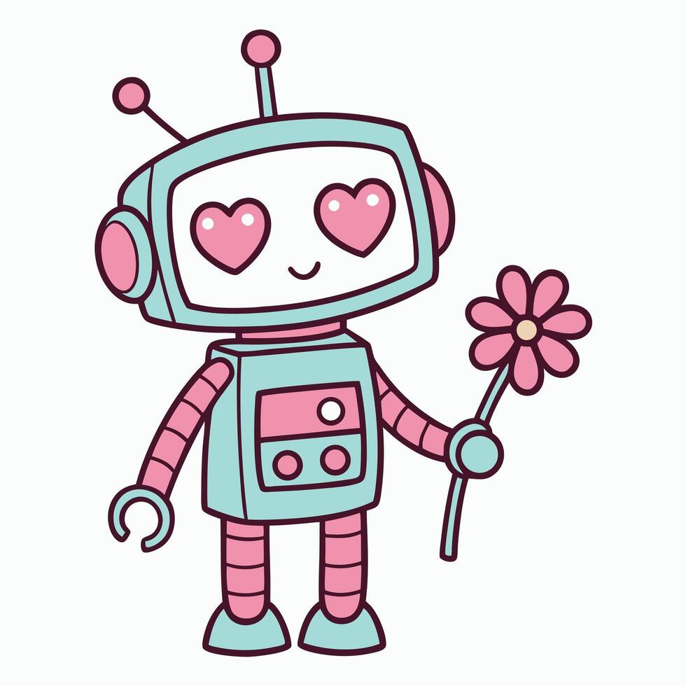 Cute robot holding flower and holding heart vector