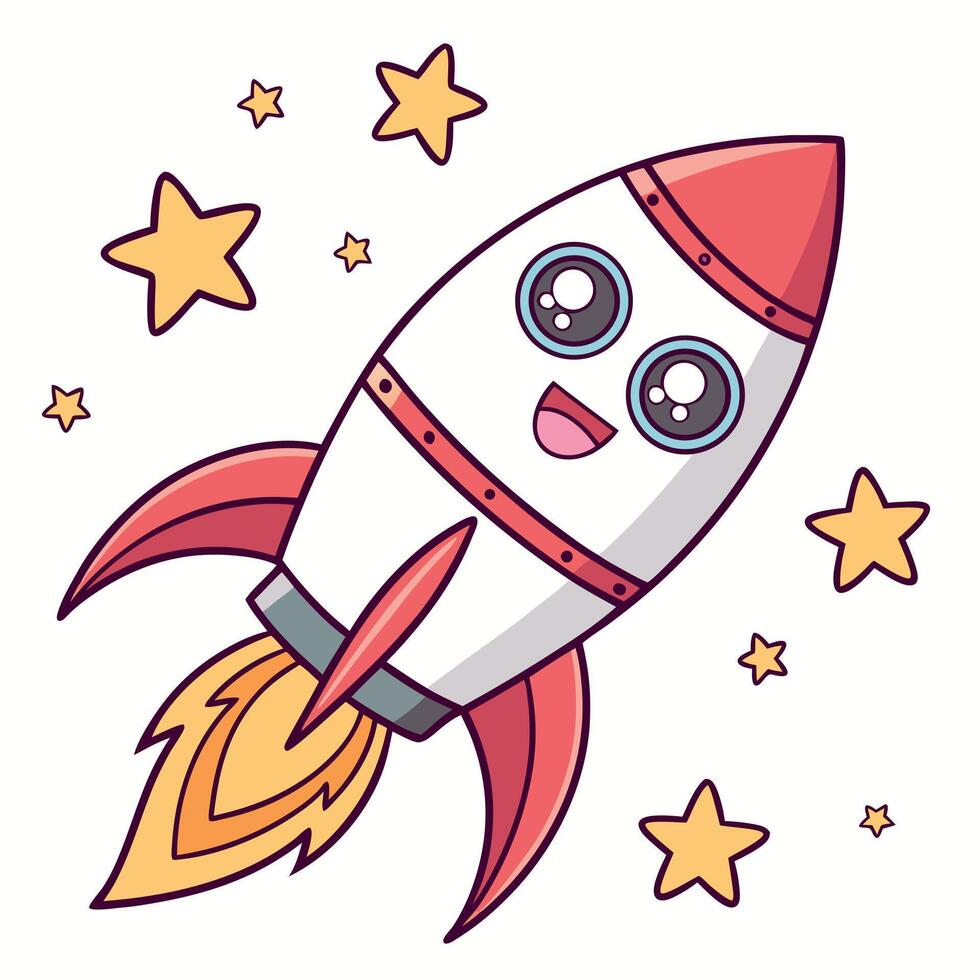 Cartoon rocket with eyes and stars vector
