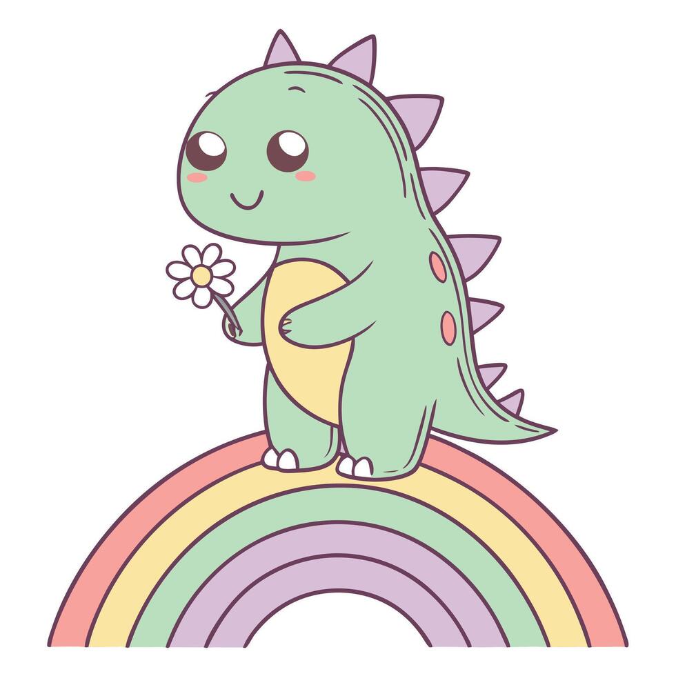 Cute dinosaur with flower on rainbow illustration vector