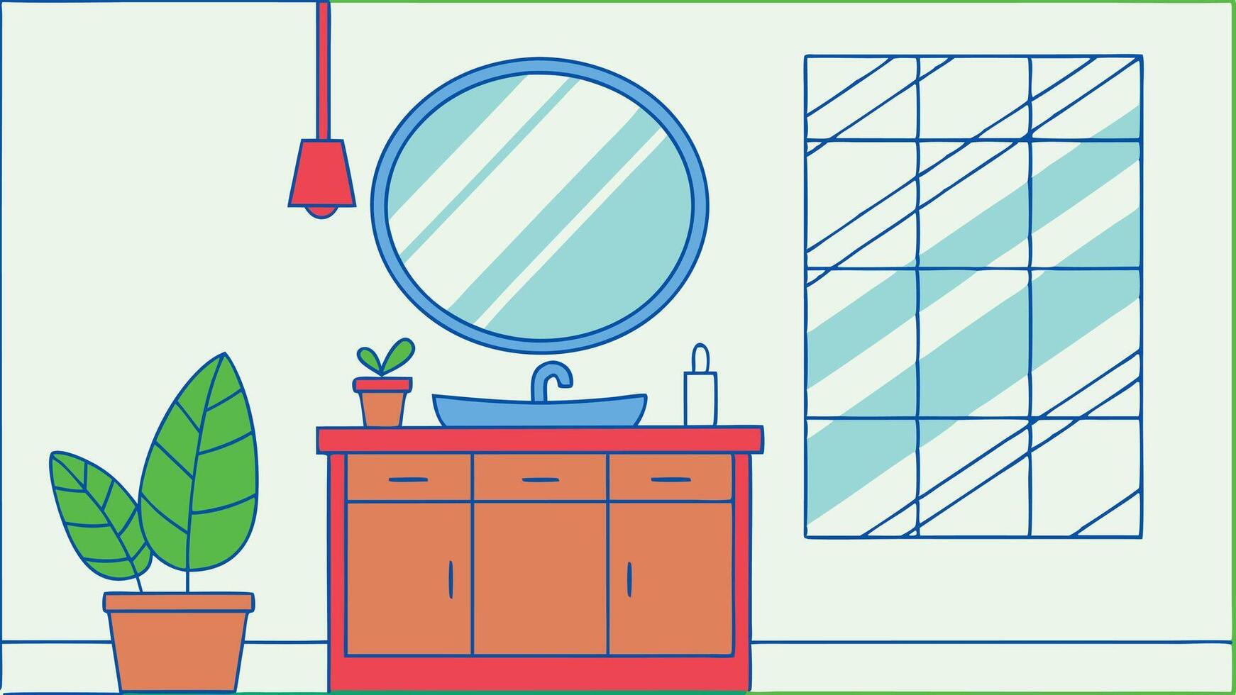 A bathroom with a sink, mirror and plant vector