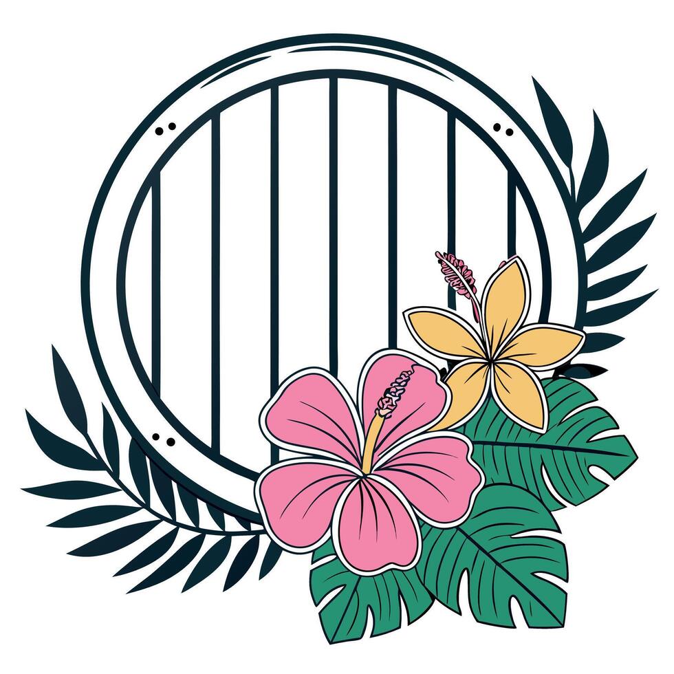 Tropical flowers and leaves in a round frame vector