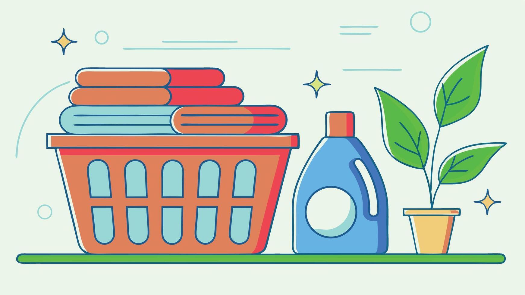 Laundry basket with detergent, clothes and a plant vector