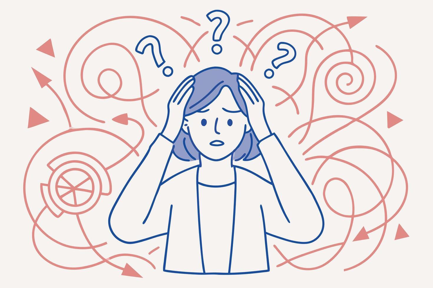 A woman is confused and has many question marks around her vector