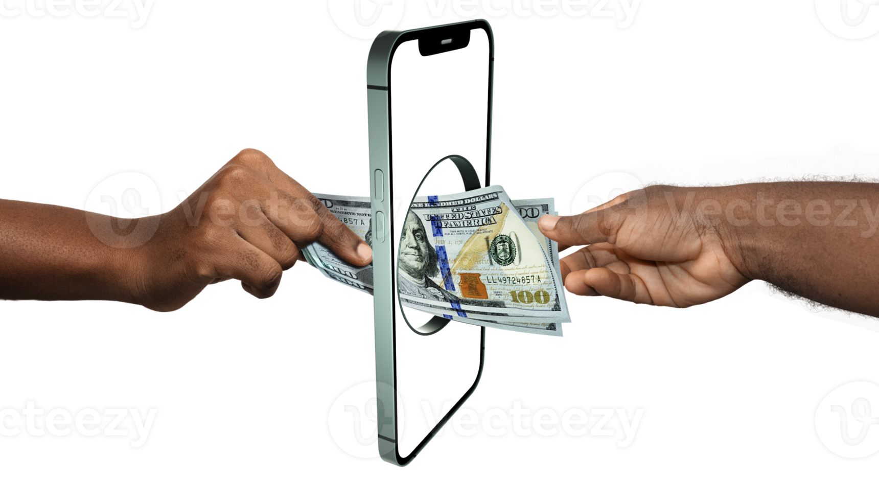 Black african hand giving transferring USA Dollar notes to another hand through smart mobile phone. Online banking transfer exchange payment. Mobile money business transaction concept through app png