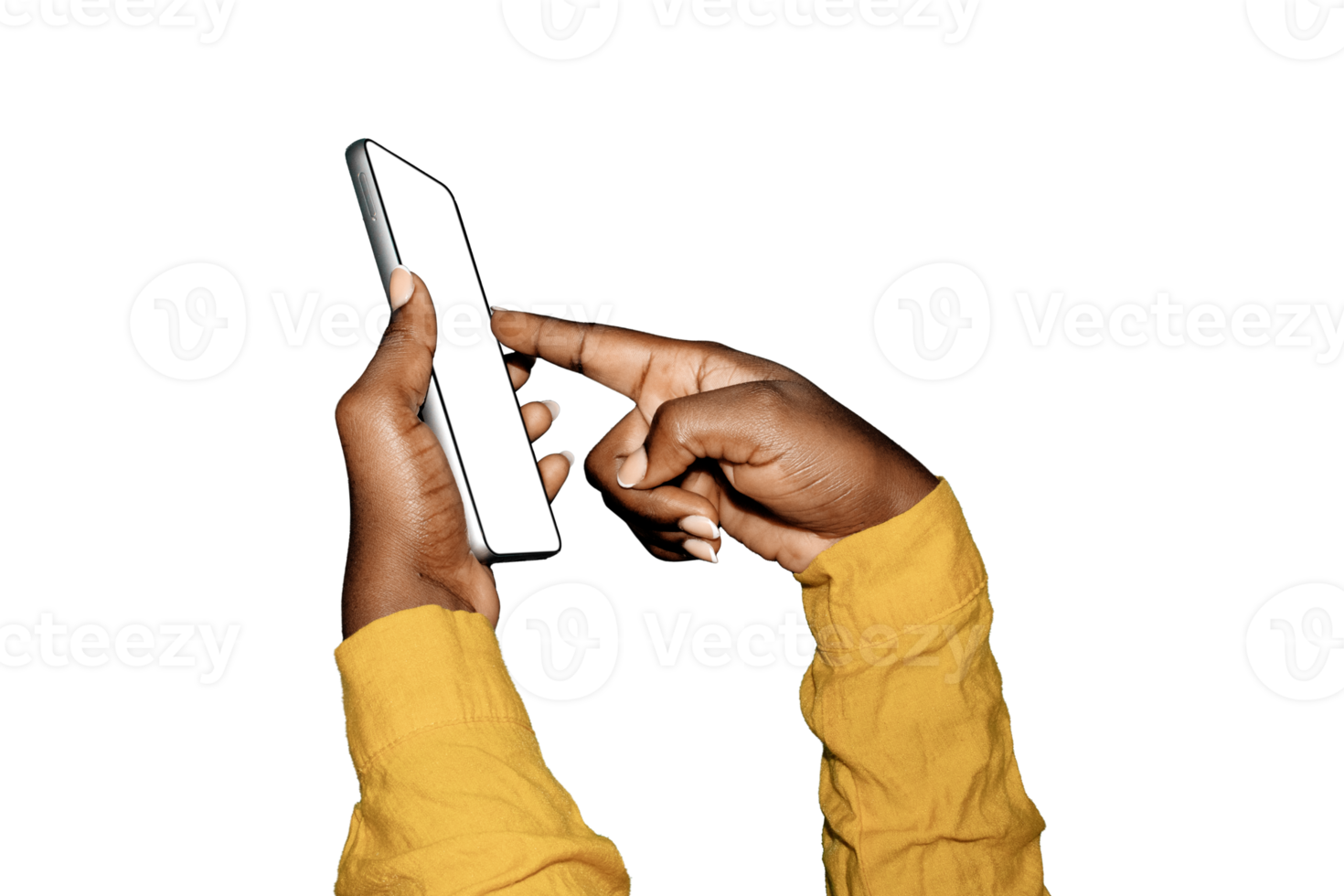 Black african hands in yellow long sleeves shirt Holding and pointing to blank mobile phone screen over transparent background side view png