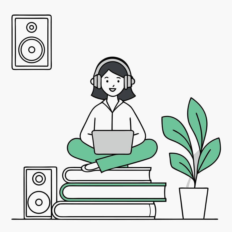 A woman is sitting on a stack of books with headphones on vector
