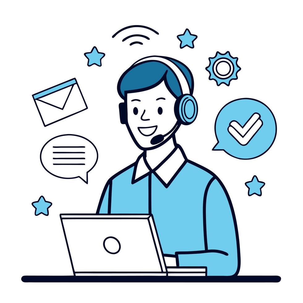 Call center agent working on laptop with phone icon, call center service, call center agent, call vector