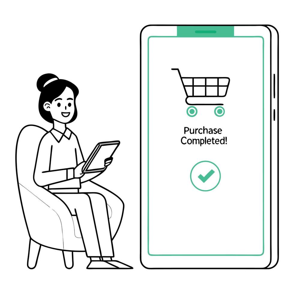 A woman is using her smartphone to check the status of her order vector