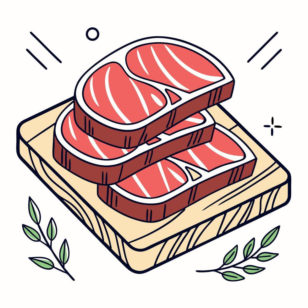 Steak on a cutting board with leaves and herbs vector
