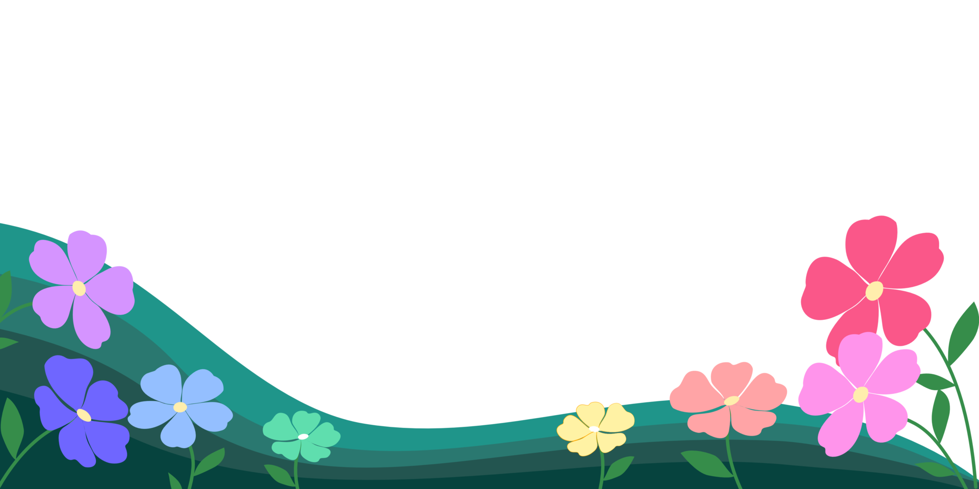 Landscape background of green hills with beautiful rainbow flowers png