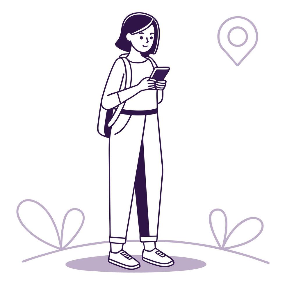 A woman is standing with her phone and looking at it vector
