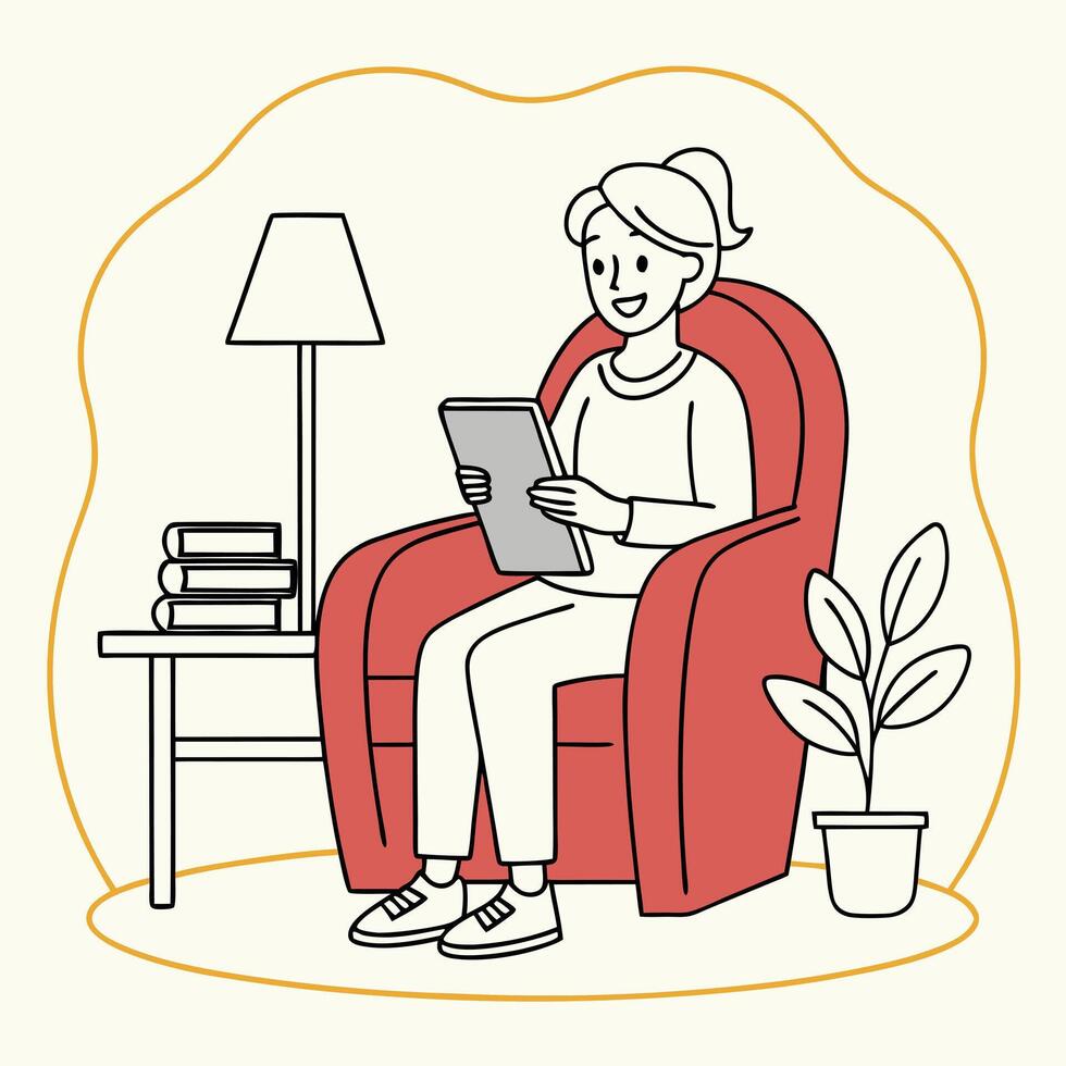 A woman sitting in a chair with a tablet computer vector
