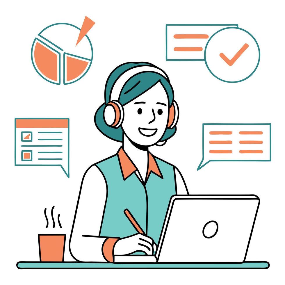 Call center agent working on laptop with icons vector
