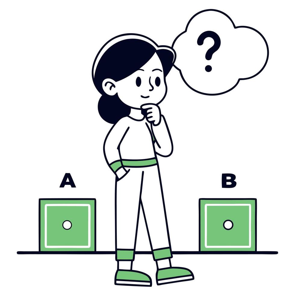 A woman is standing in front of a box with a question mark on it vector