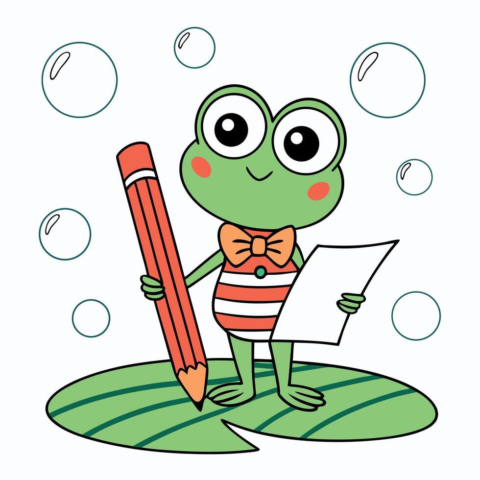 A frog with a pencil and paper is holding a piece of paper vector