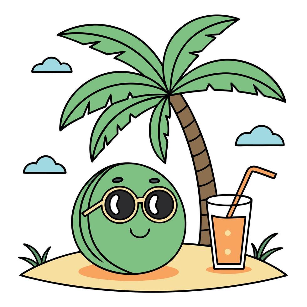 A cartoon watermelon with sunglasses and a drink on the beach vector