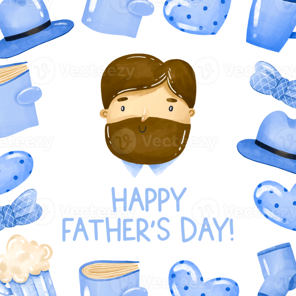 Man face and square border frame greeting card. Happy father day. Hand drawn watercolor illustration on isolated background png