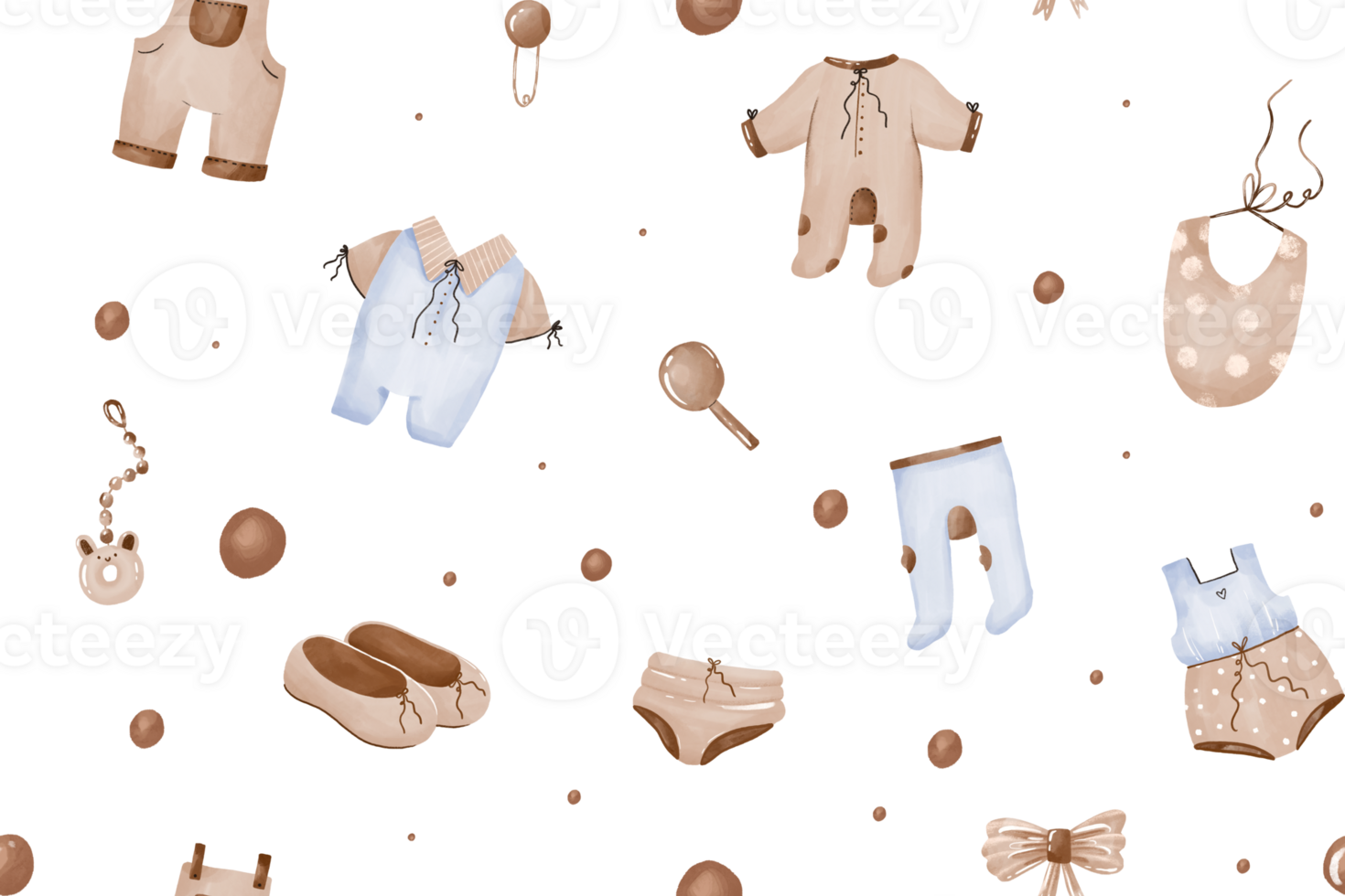 Seamless pattern Boho baby clothes, toys. Gender neutral baby wear outfit. Hand drawn watercolor illustration on isolated background. Perfect for textile, wrapping paper, nursery, bedroom png