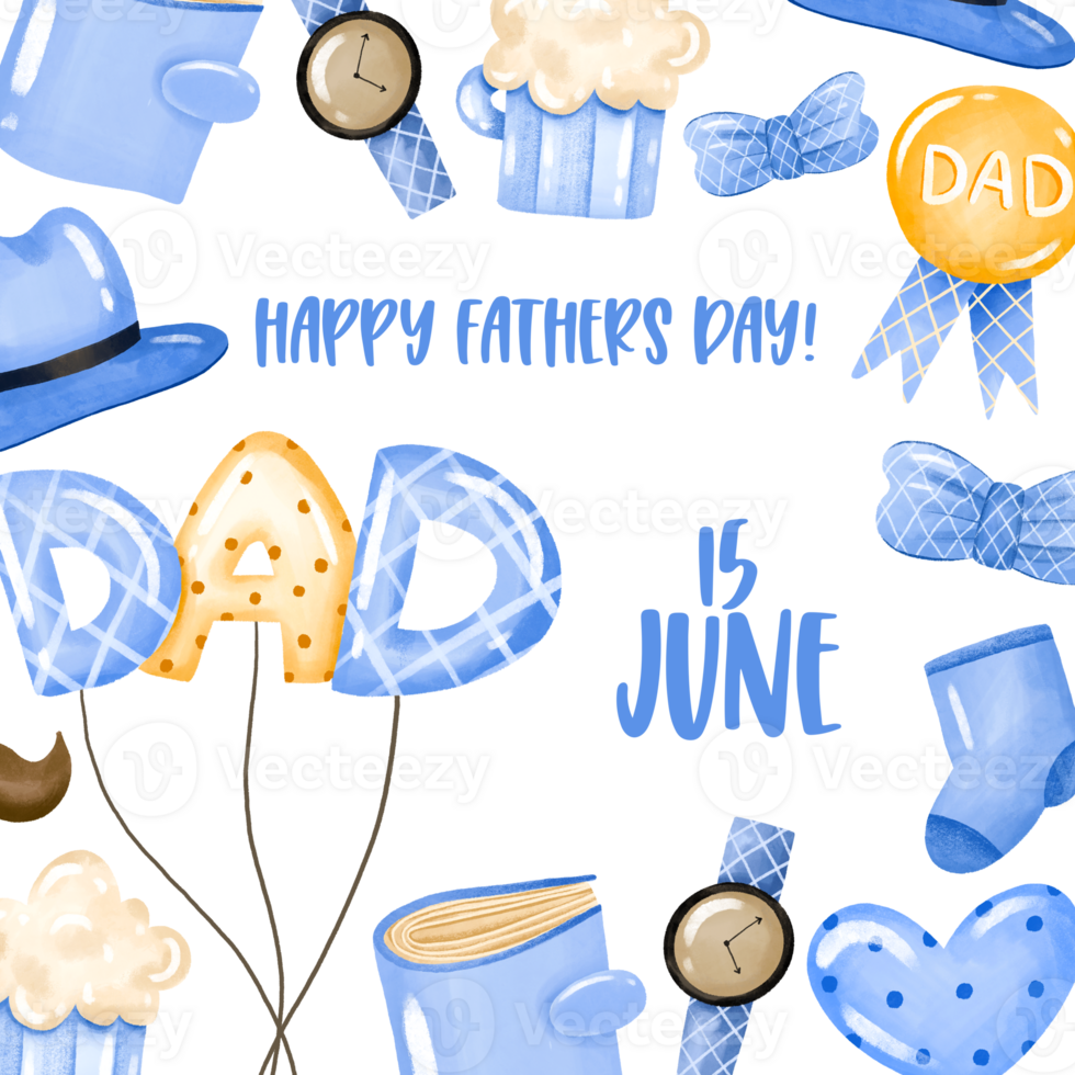 Square frame card for daddy. Happy father day. Hand drawn watercolor illustration on isolated background png