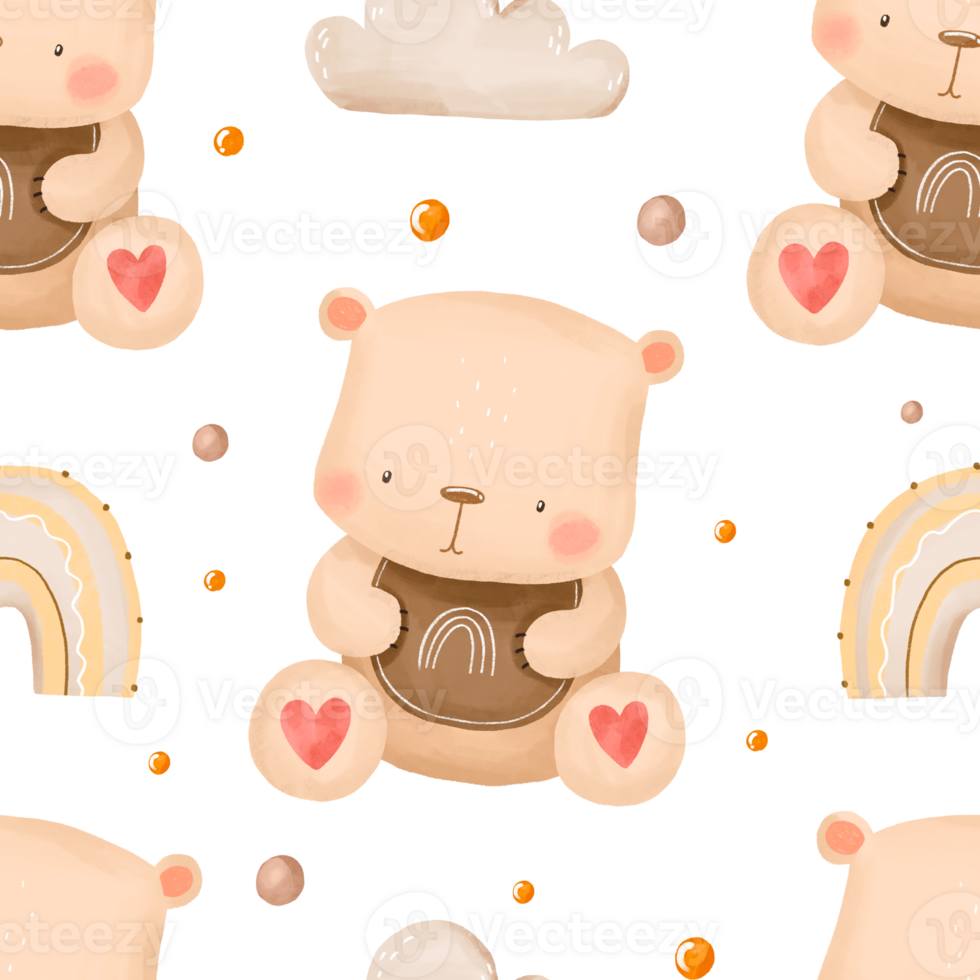 Seamless pattern with funny teddy bear. Cartoon baby bear watercolor background png