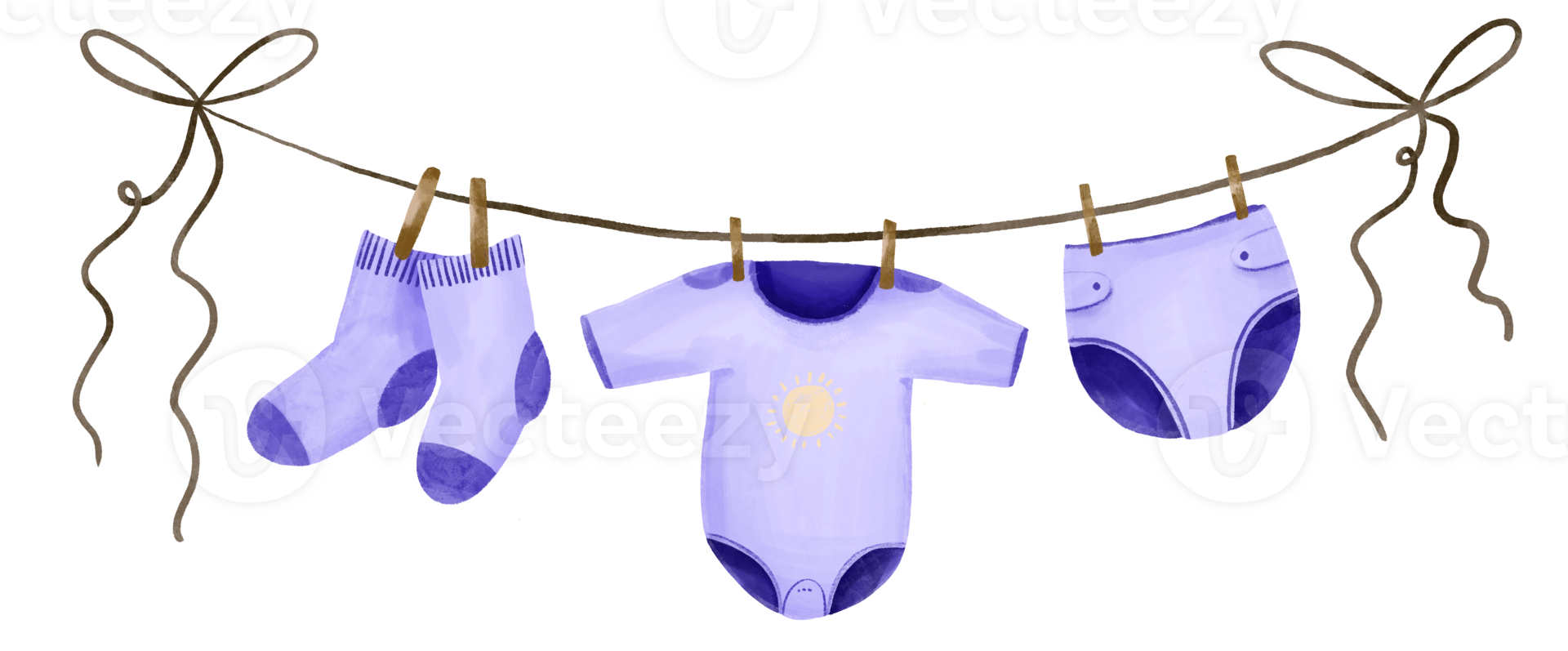Baby boy clothes on rope. Hand drawn watercolor illustration png