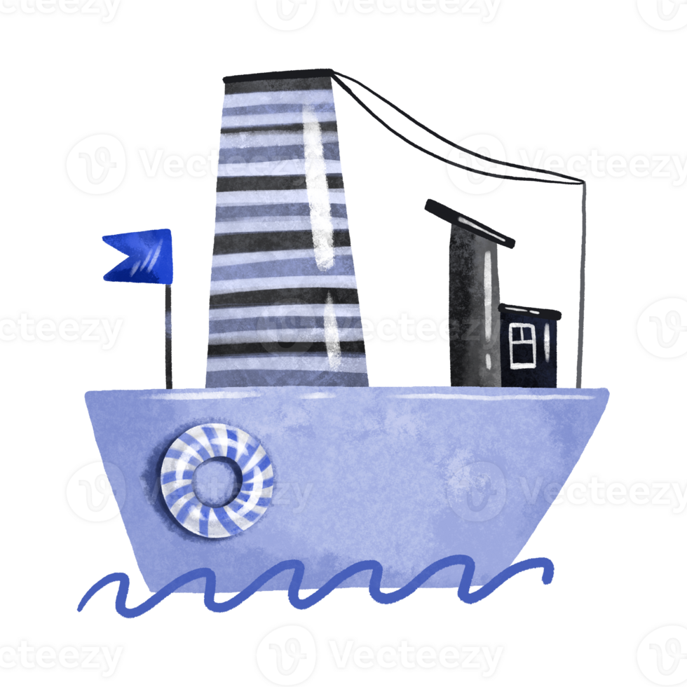 Blue ship water transport hand drawn watercolor illustration png