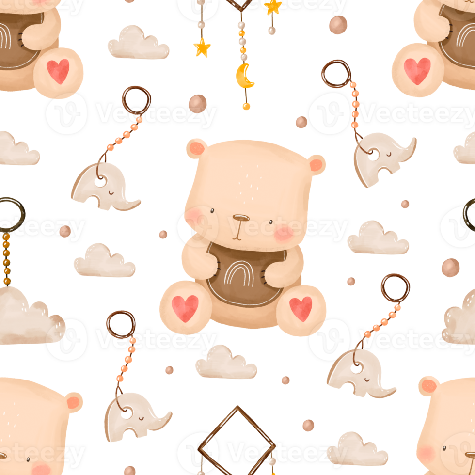 Teddy bear and baby garland. Gender neutral seamless pattern . Boho kids nursery endless watercolor background png