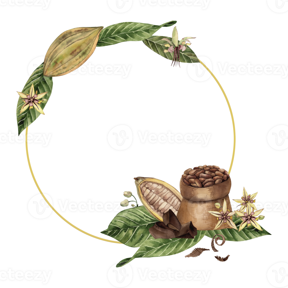 Circular border adorned with cocoa flowers, beans, leaves, and a sack filled with cacao seeds. Hand-drawn watercolor illustration in botanical style, perfect for packaging, cards, textile, printing png