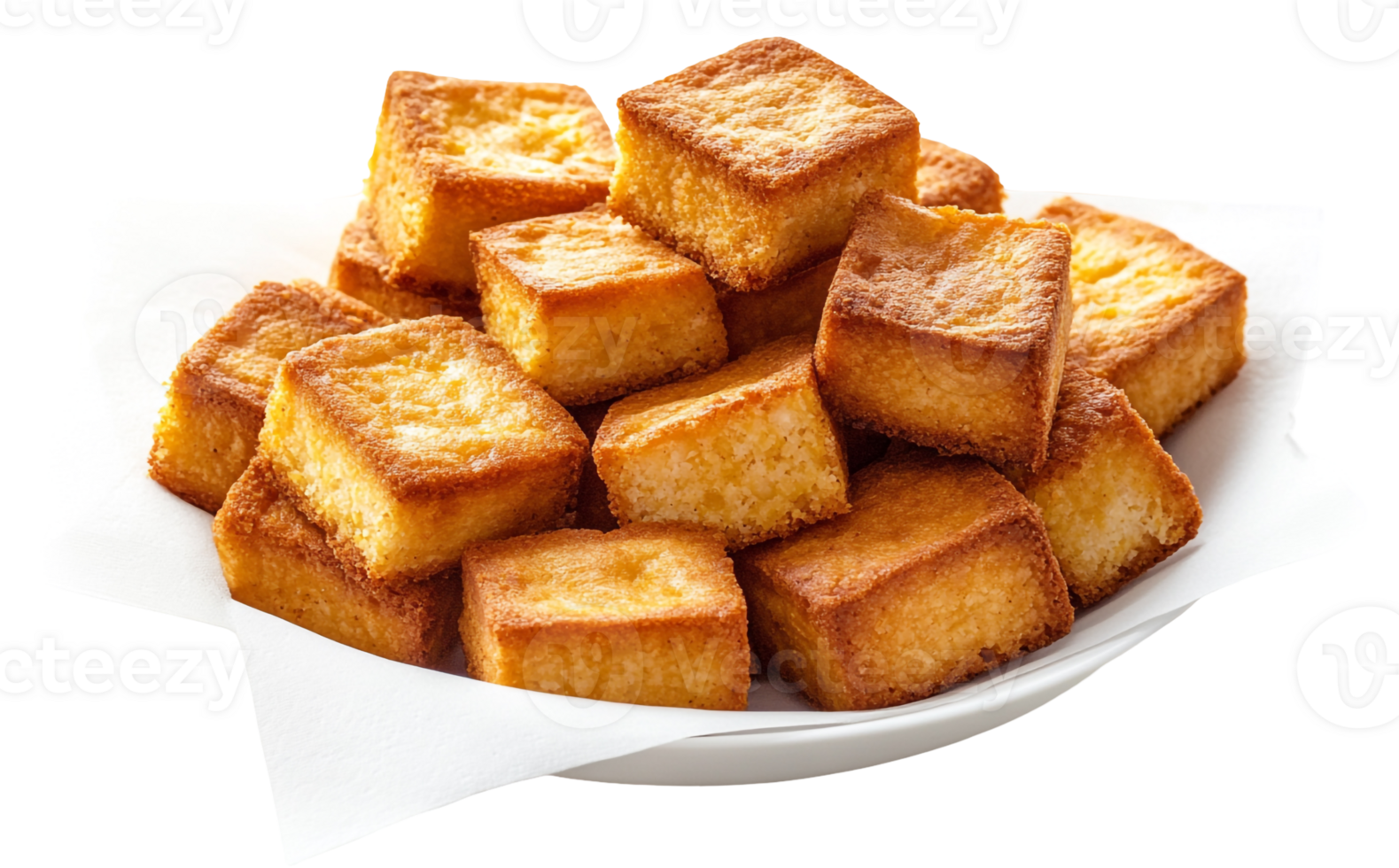 Rustic Cornbread Squares Piled on a White Plate with Napkin png
