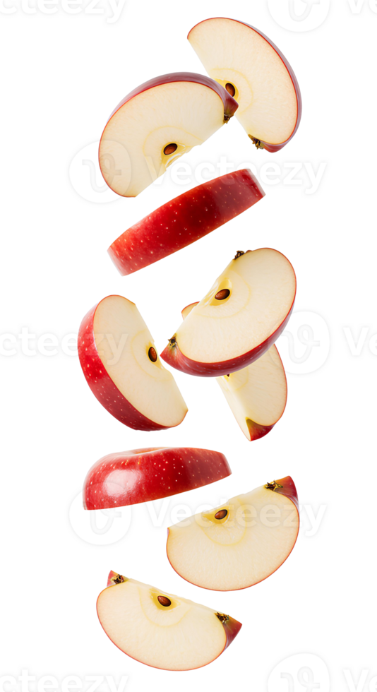 organic and fresh apple pieces falling down isolated on transparent background png