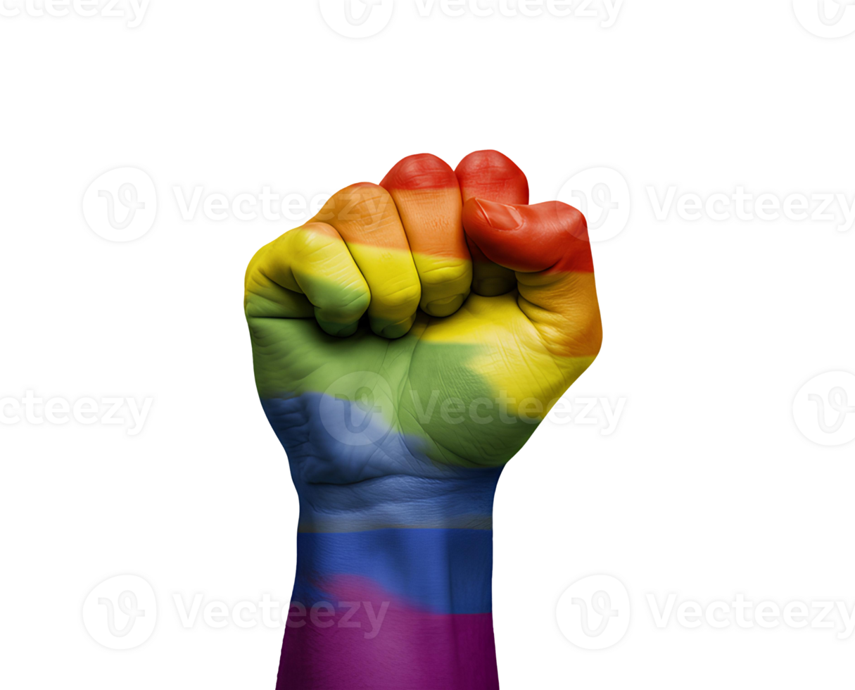 LGBTQ rainbow fist isolated for Pride Month visuals, human rights campaigns, and inclusive protest art. Flat lay of rainbow pride fist icon isolated png