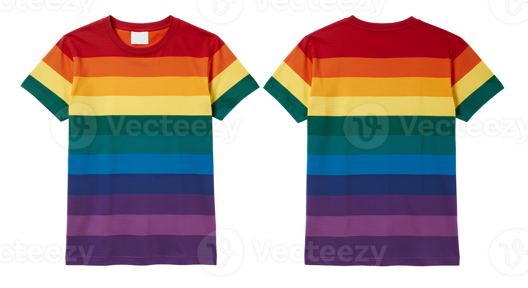 Top view of rainbow gay pride T-shirt. Isolated rainbow shirt for LGBTQ fashion and Pride Month visuals. Colorful LGBTQ pride tee flat lay with rainbow stripes symbolizing equality png