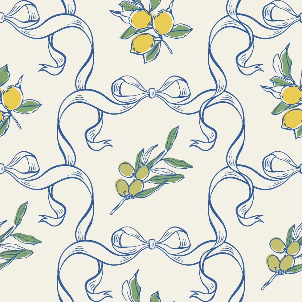 Mediterranean seamless pattern with lemons, olives and ribbons. La dolce vita summer background with hand-drawn lemons, olives, and elegant blue ribbon bows for fabric, wrap, packaging, card, decor. vector
