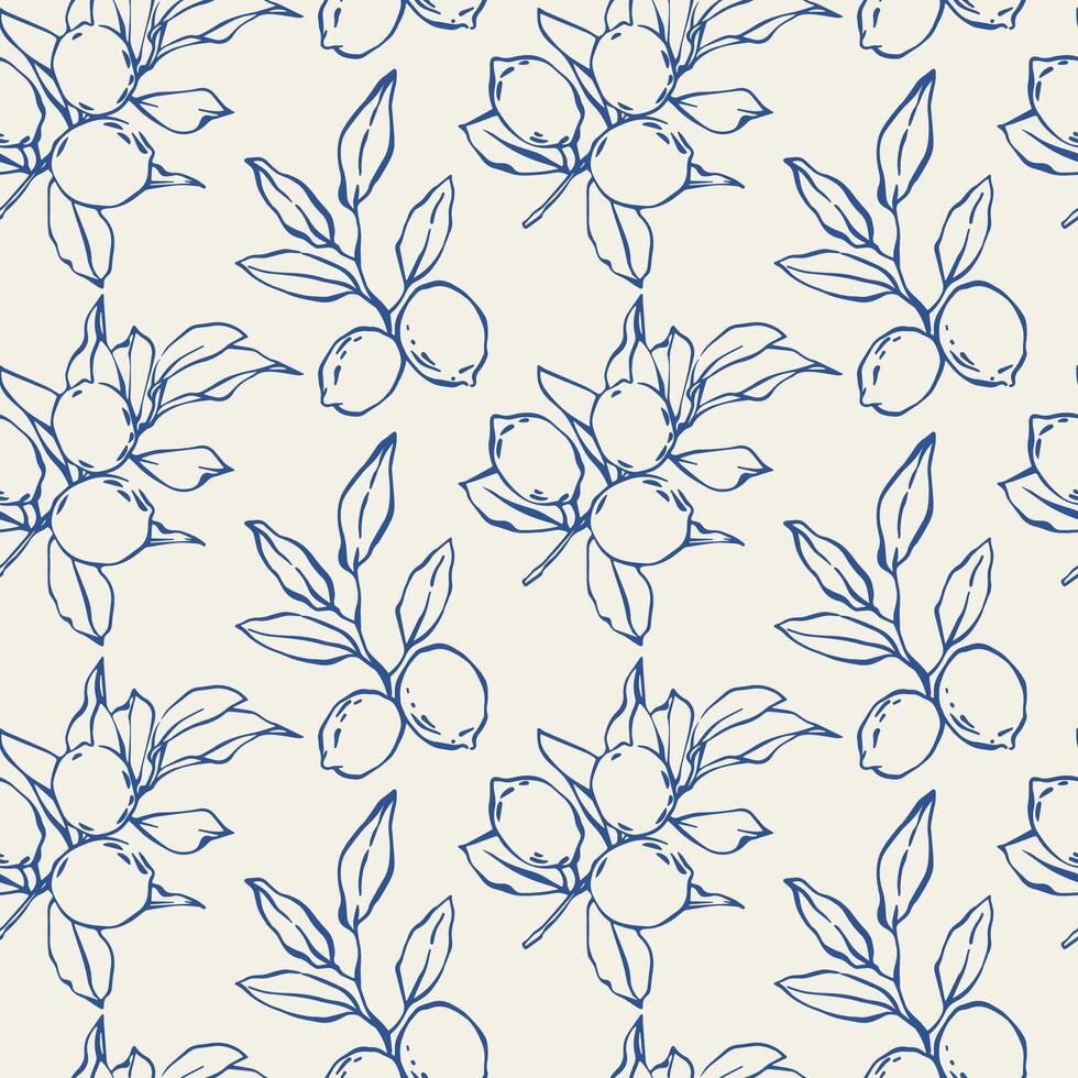 Lemon pattern. Line art hand drawn seamless pattern in Mediterranean La dolce vita for fabric design, packaging, kitchen decor, Italian summer design, wrapping. Whimsical blue sketch background vector
