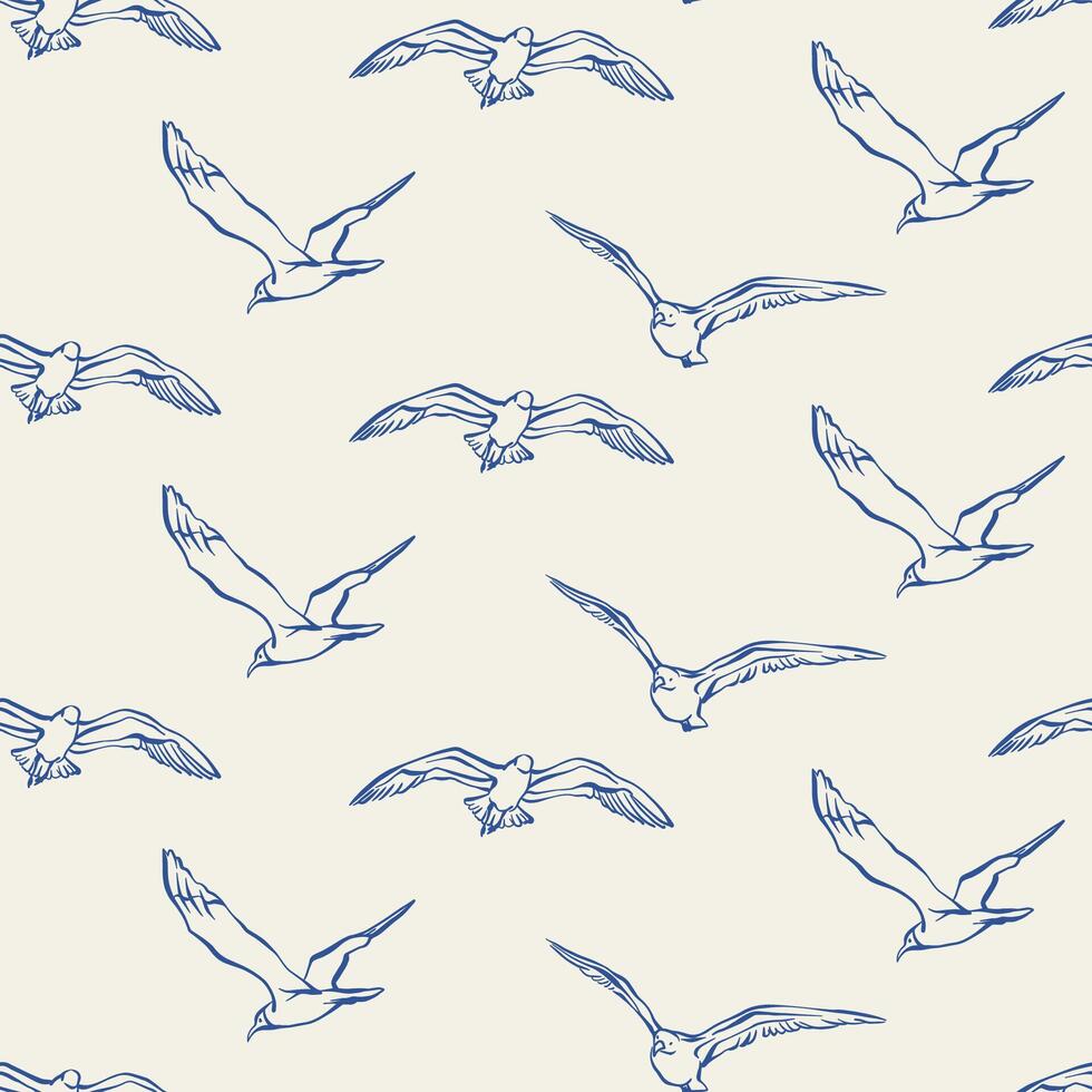 Seagulls seamless pattern. Flock of flying birds seamless pattern on a light background. Hand drawn blue line art illustration for fabric, wrapping paper, packaging, nautical design, wallpaper. vector