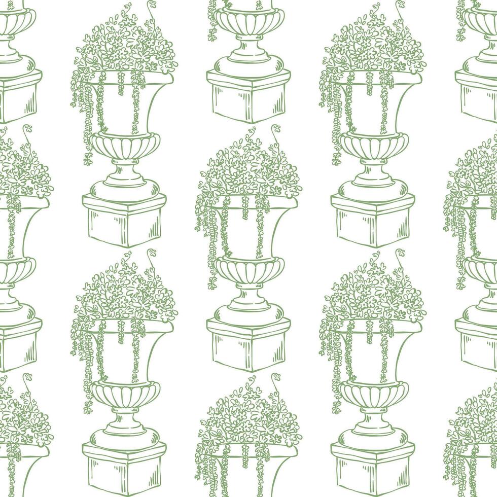 Vintage seamless pattern with classic garden plant urn or vase in hand drawn line art. Elegant La dolce vita pattern for textile prints, gift wrap, wallpaper, Mediterranean or French packaging design. vector