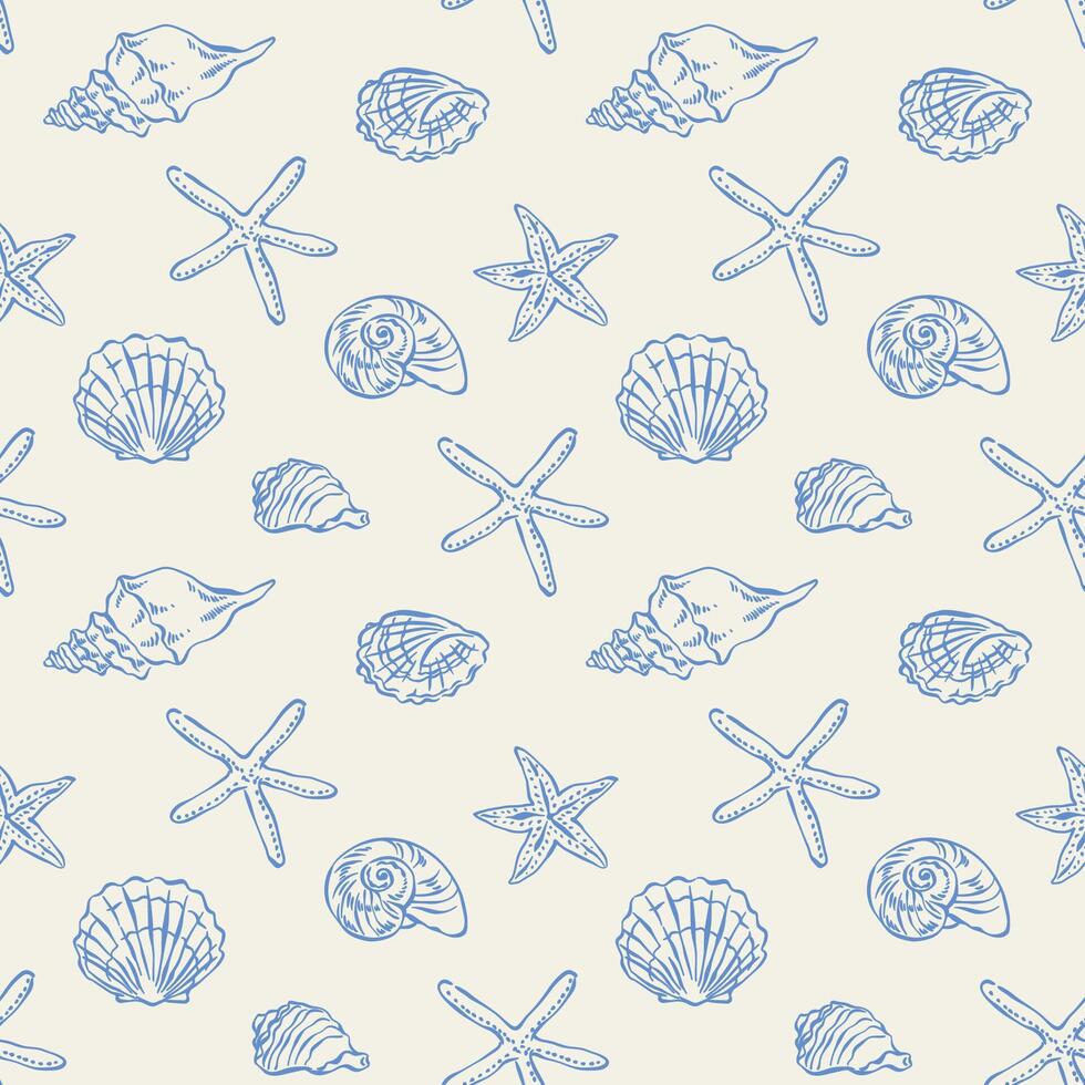 Seashell seamless pattern in hand drawn. Seamless pattern with seashells and starfish in blue line art style on a light background for fabric, wrapping, packaging, summer nautical design, wallpaper. vector