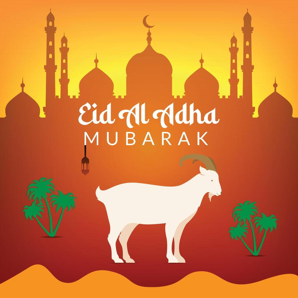 Eid Al Adha mubarak, a muslim festival celebration banner, Goat and mosque art design vector