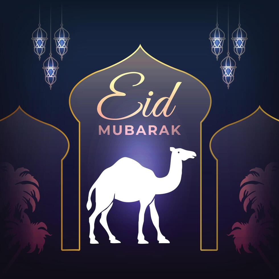 Eid Al Adha mubarak, a religious muslim festival celebration, Camel and lantern art design vector