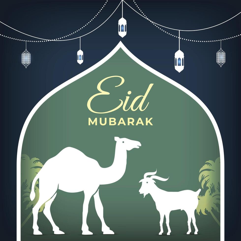 Eid Al Adha mubarak, a religious muslim festival celebration banner, Camel and goat art design vector
