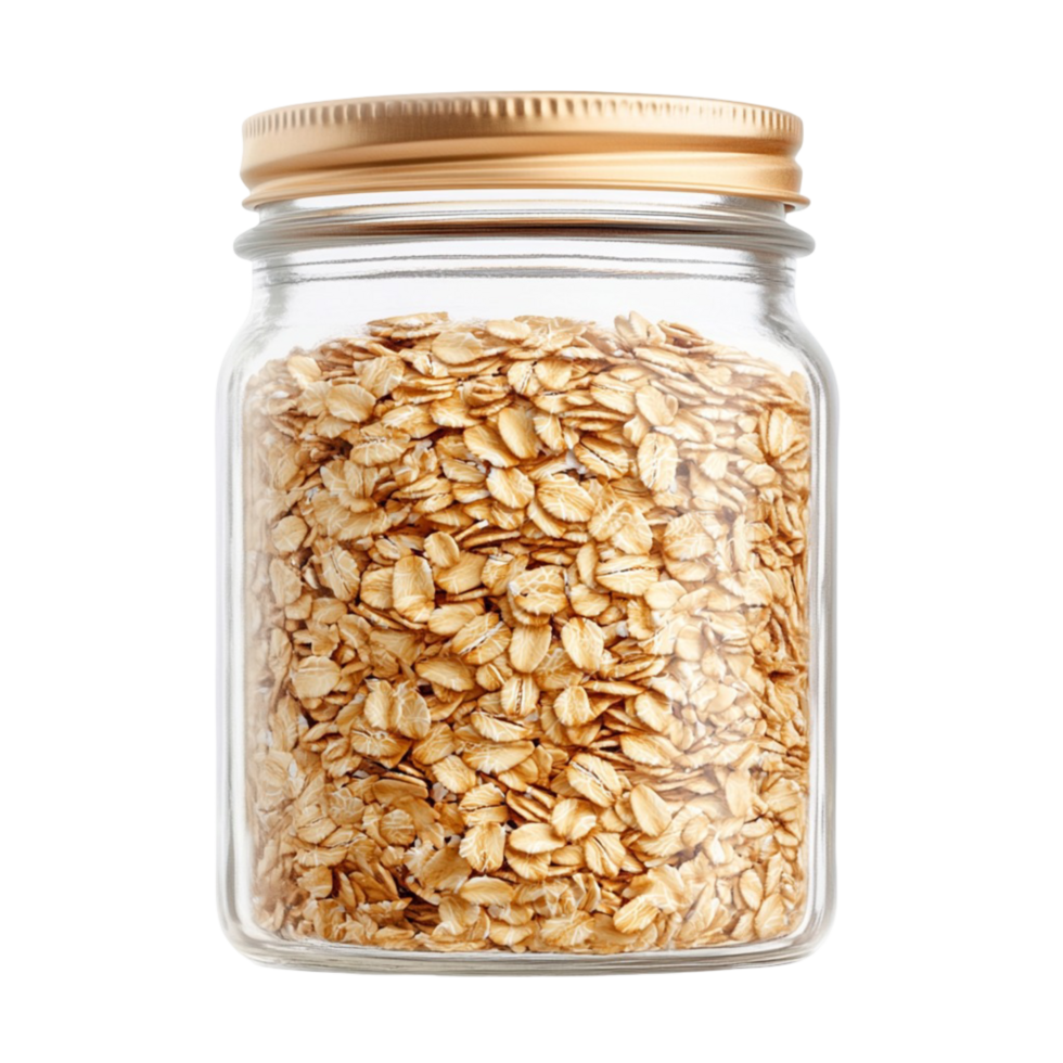 Healthy Organic Oatmeal Stored In Airtight Glass Container With Wooden Cap png