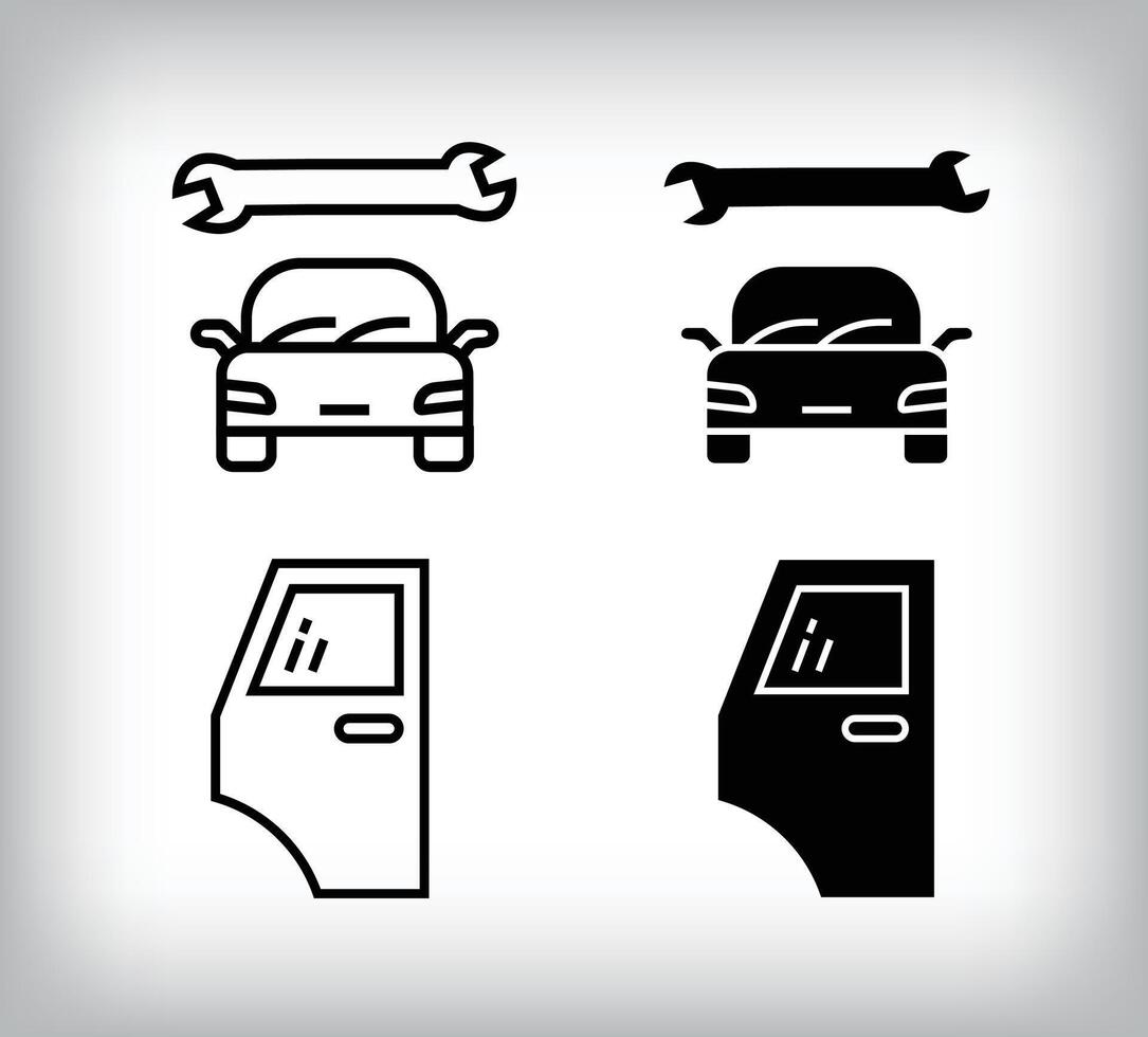 Car body repair and door, rear car equipment icon design. Linear and flat simple set of car equipment icons. vector