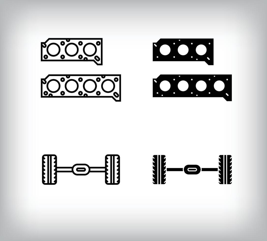 Cylinder head gasket and tire, car equipment icon design. Linear and flat simple set of car equipment icons. vector