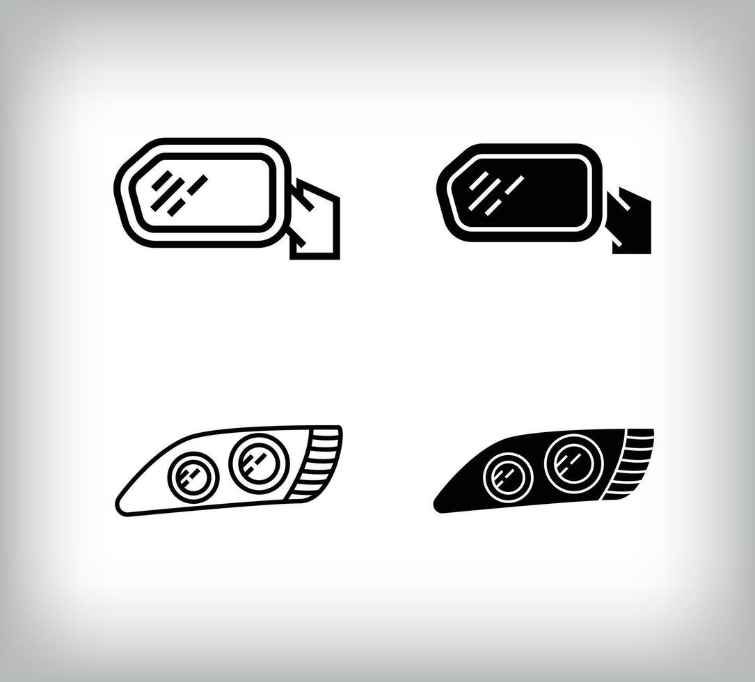 Car mirror and headlight, car equipment icon design. Linear and flat simple set of car equipment icons. vector