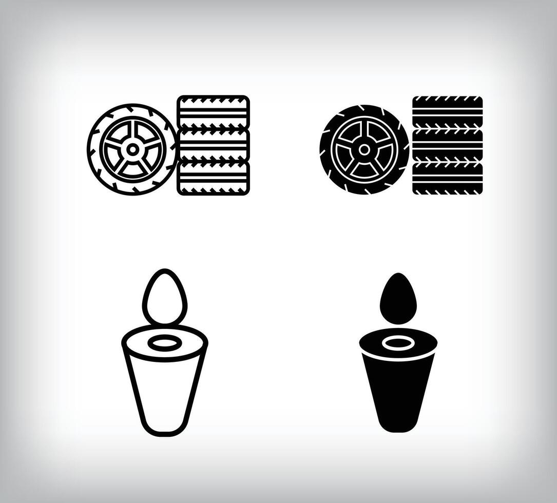 Tire set and oil funnel, car equipment icon design. Linear and flat simple set of car equipment icons. vector
