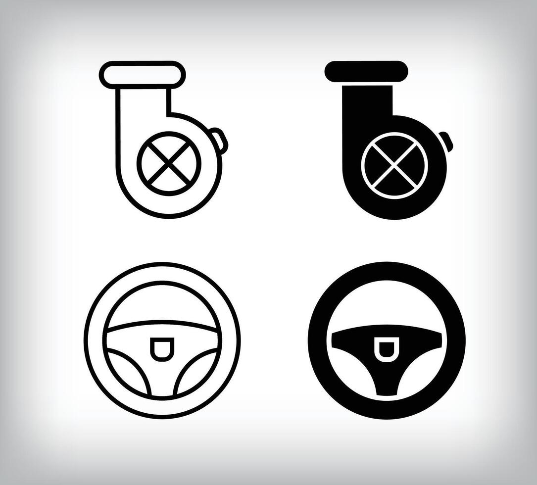 Steering wheel and turbo, rear car equipment icon design. Linear and flat simple set of car equipment icons. vector