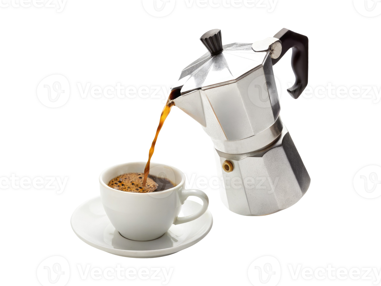 Italian coffee maker moka pot pouring coffee into a cup isolated on a transparent background drinks design png