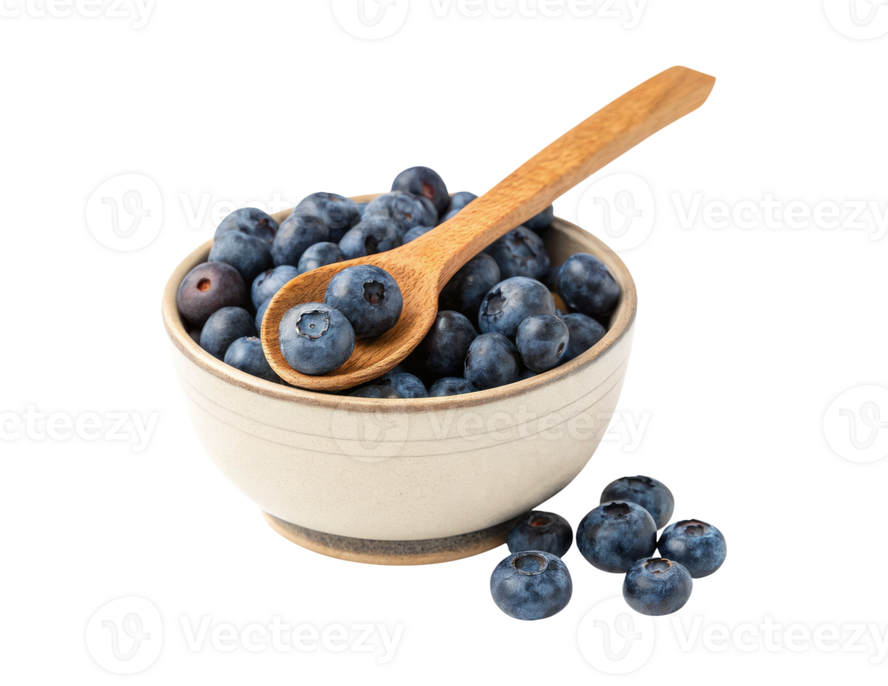 Fresh blueberries in a ceramic bowl with a wooden spoon inside isolated on a transparent background png