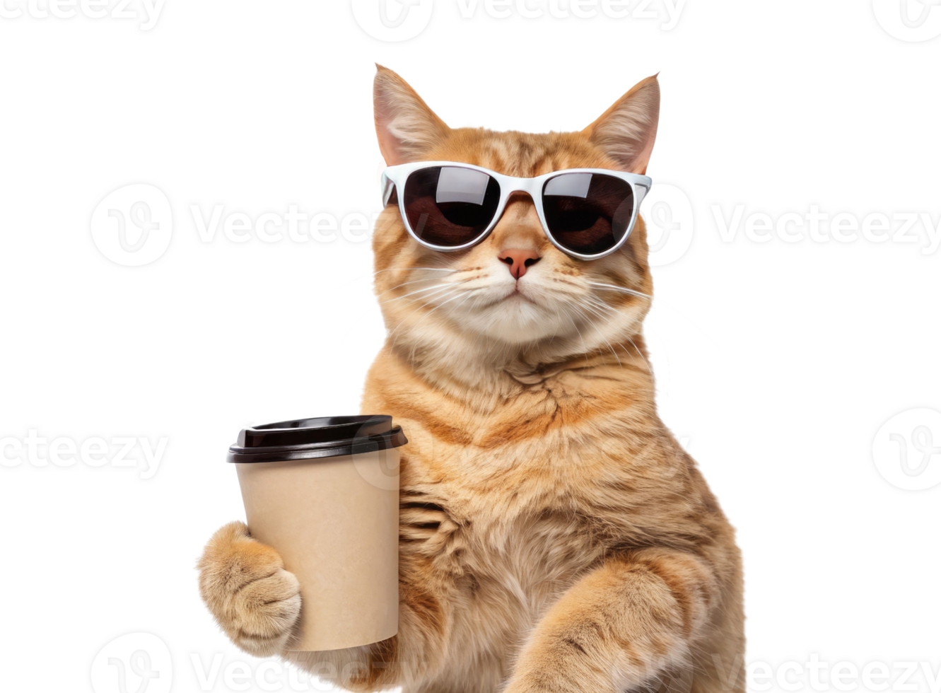 A cool cat wearing sunglasses and holding a cup of coffee isolated on a transparent background drinks design png